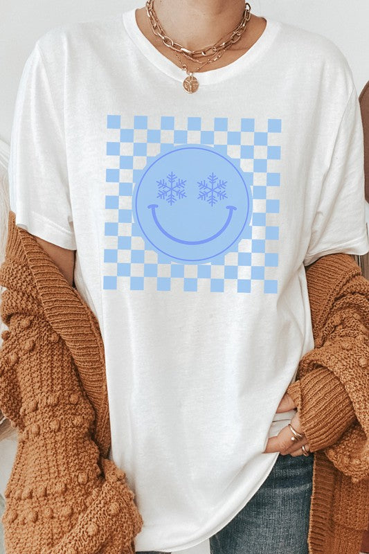 Snowflake Smiley Face Checker Winter Graphic Tee T-Shirt