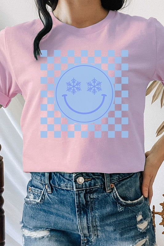 Snowflake Smiley Face Checker Winter Graphic Tee T-Shirt