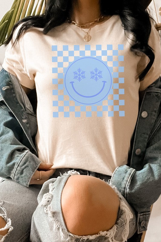 Snowflake Smiley Face Checker Winter Graphic Tee T-Shirt