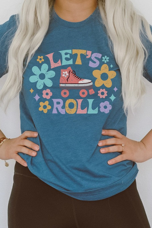 Lets Roll High top Roller Skate Floral Graphic Tee T-Shirt