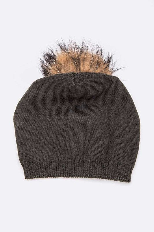 Raccoon Fur PomPom Pre-Sewed Slouchy Beanie