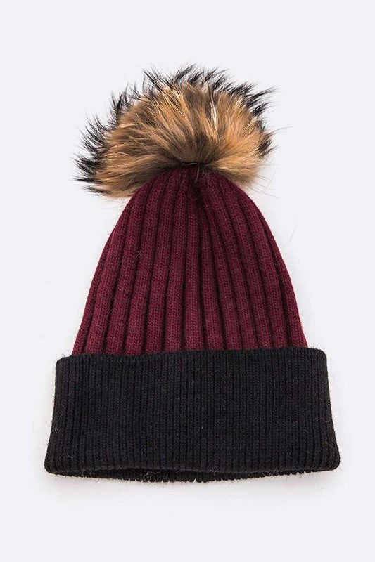 Raccoon Fur PomPom 2 Tone Beanie