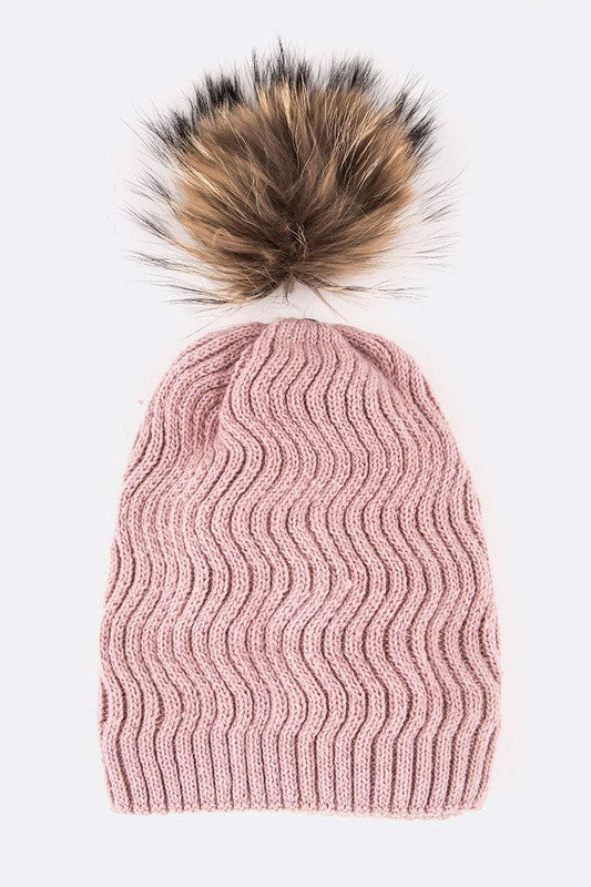 Raccoon Fur PomPom Chevron Knit Beanie