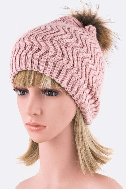 Raccoon Fur PomPom Chevron Knit Beanie