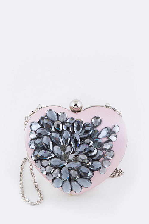 Crystal Flower Statement Satin Heart Shape Clutch