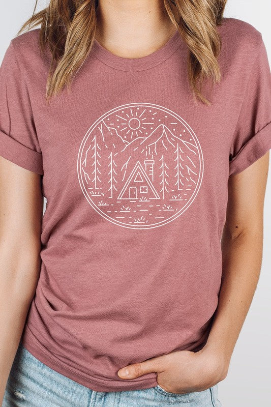 Cabin in Forest Sun Shining Vacation Graphic Tee