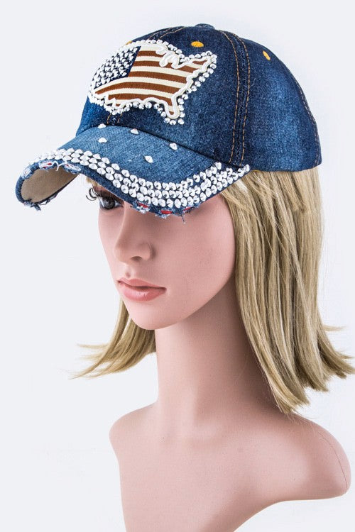 US Map Crystal Embellished Fashion Denim Cap