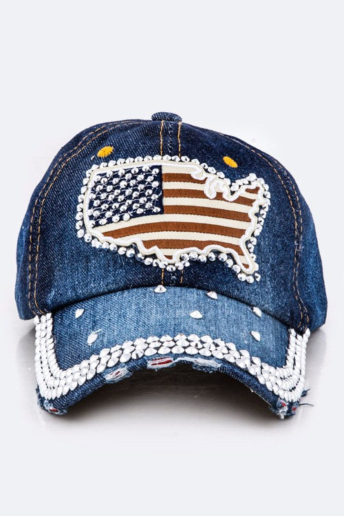 US Map Crystal Embellished Fashion Denim Cap