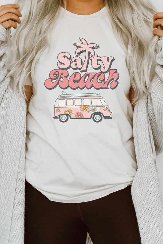 Salty Beach Van Palm Tree Sand Surf Graphic Tee T-Shirt