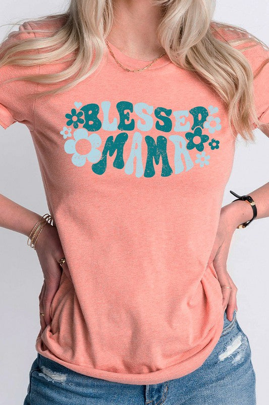 Floral Heart Groovy Blessed Mama Graphic Tee T-Shirt