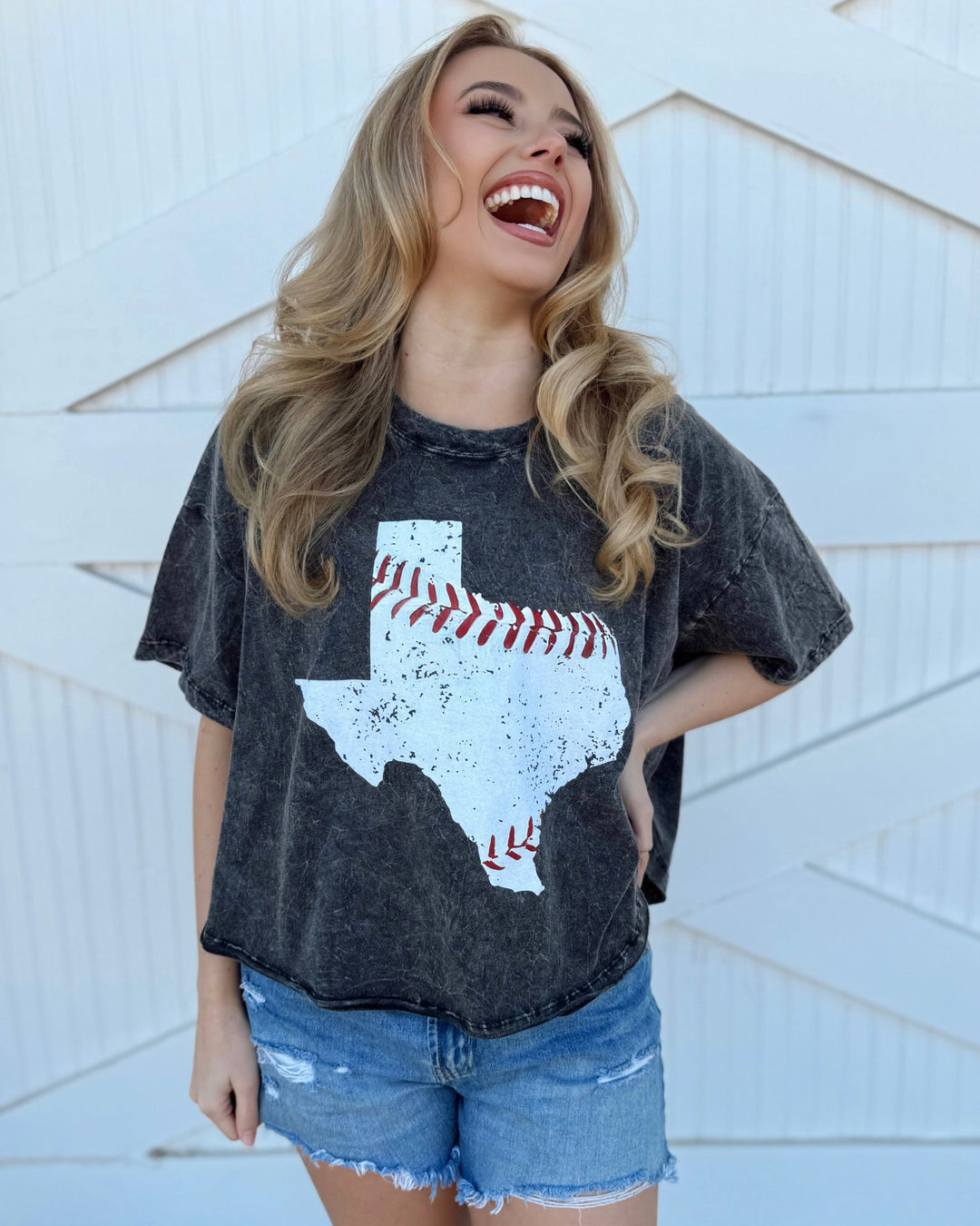 Vintage Black Baseball In “Texas” Mineral-Dipped Flowy Cropped Tee