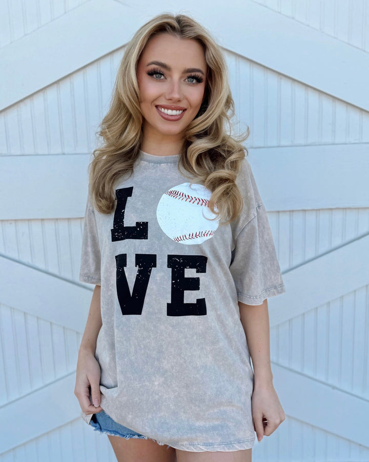 Faded Gray Mineral Dipped Stacked “LOVE” Baseball Tee