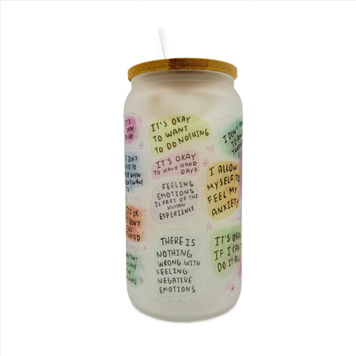 My Mental Breakdown words of affirmation 16oz Sublimation Printed Glass Can Tumbler With Straw, rubber bottom & Bamboo Lid