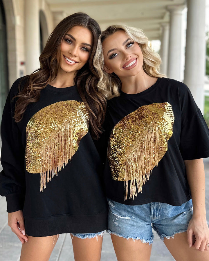 Black/Gold Sequin Fringe Football Pullover