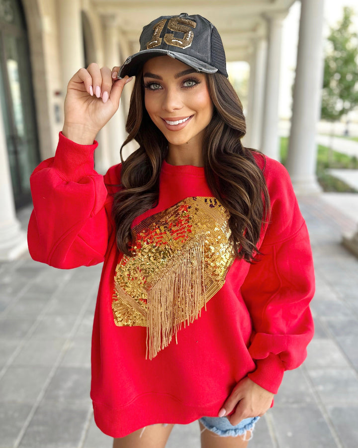 Red/Gold Sequin Fringe Football Pullover