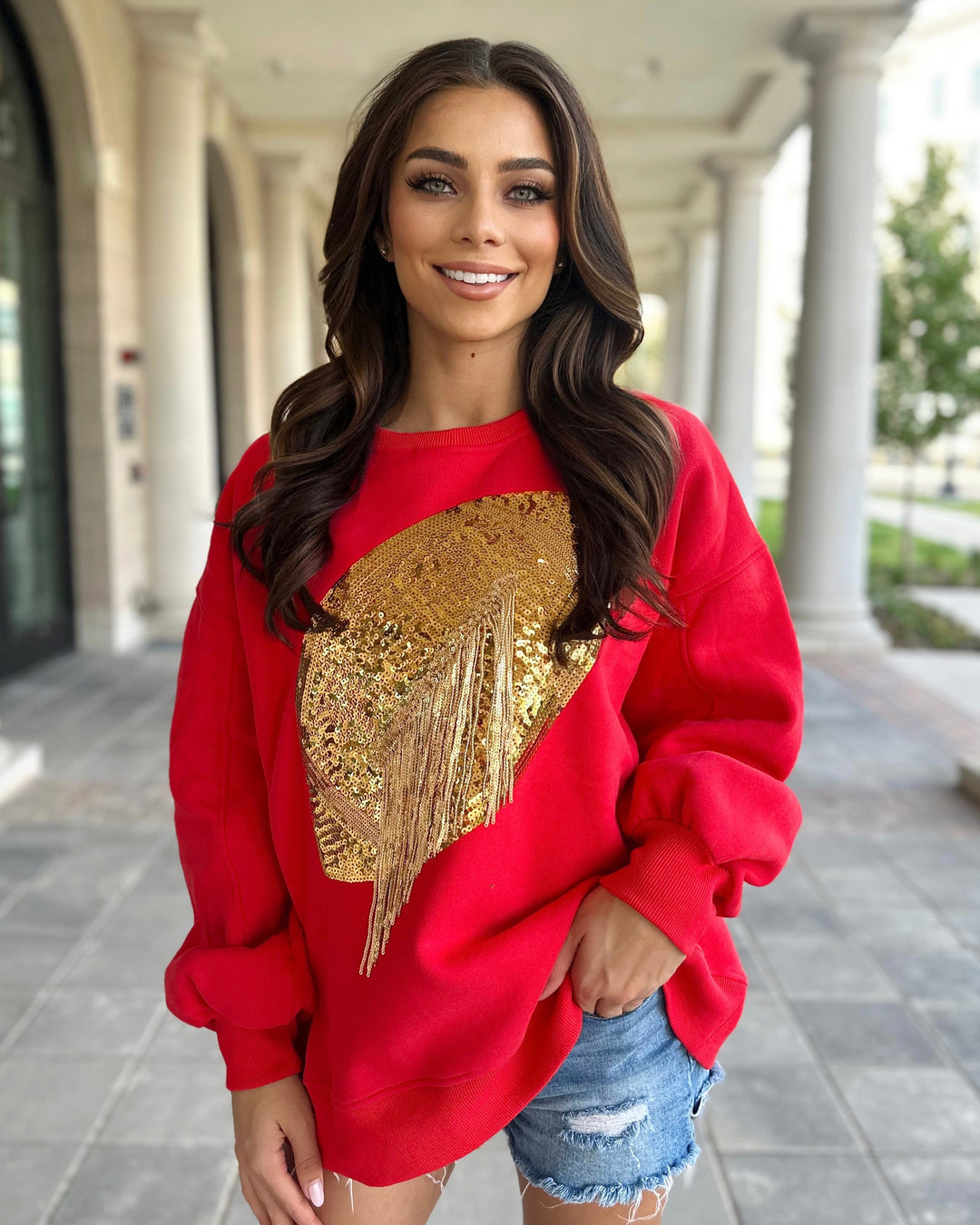 Red/Gold Sequin Fringe Football Pullover