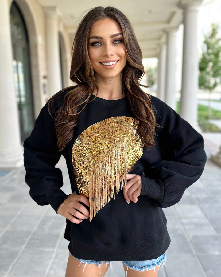 Black/Gold Sequin Fringe Football Pullover