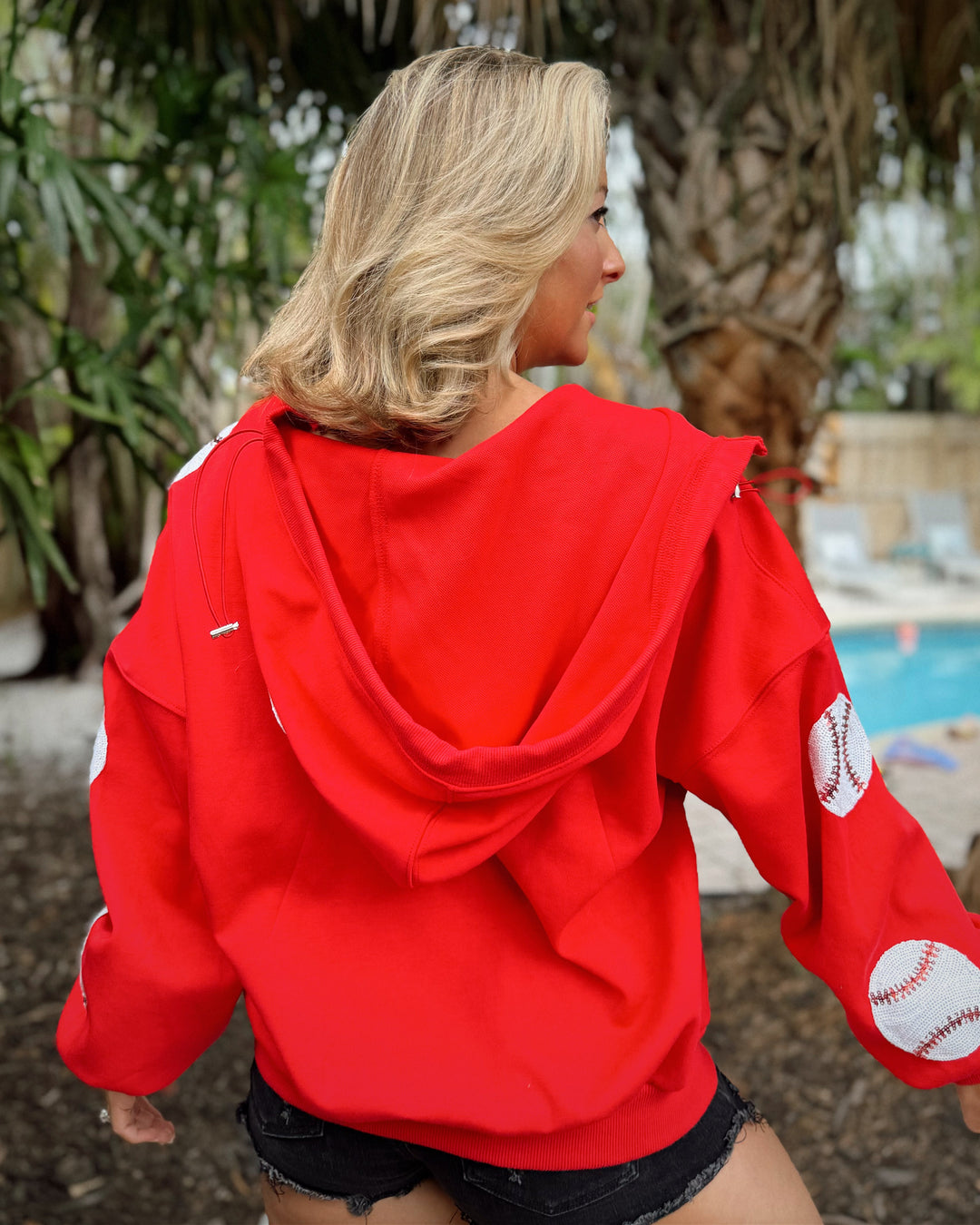 Baseball RED Sequin Drawstring Quarter-Zip Pullover