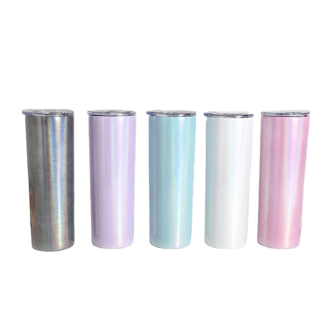 20oz Sublimation Blank Tapered Skinny White Blue Purple Black Pink Stainless Glitter Sparkle Tumbler Straw & lid