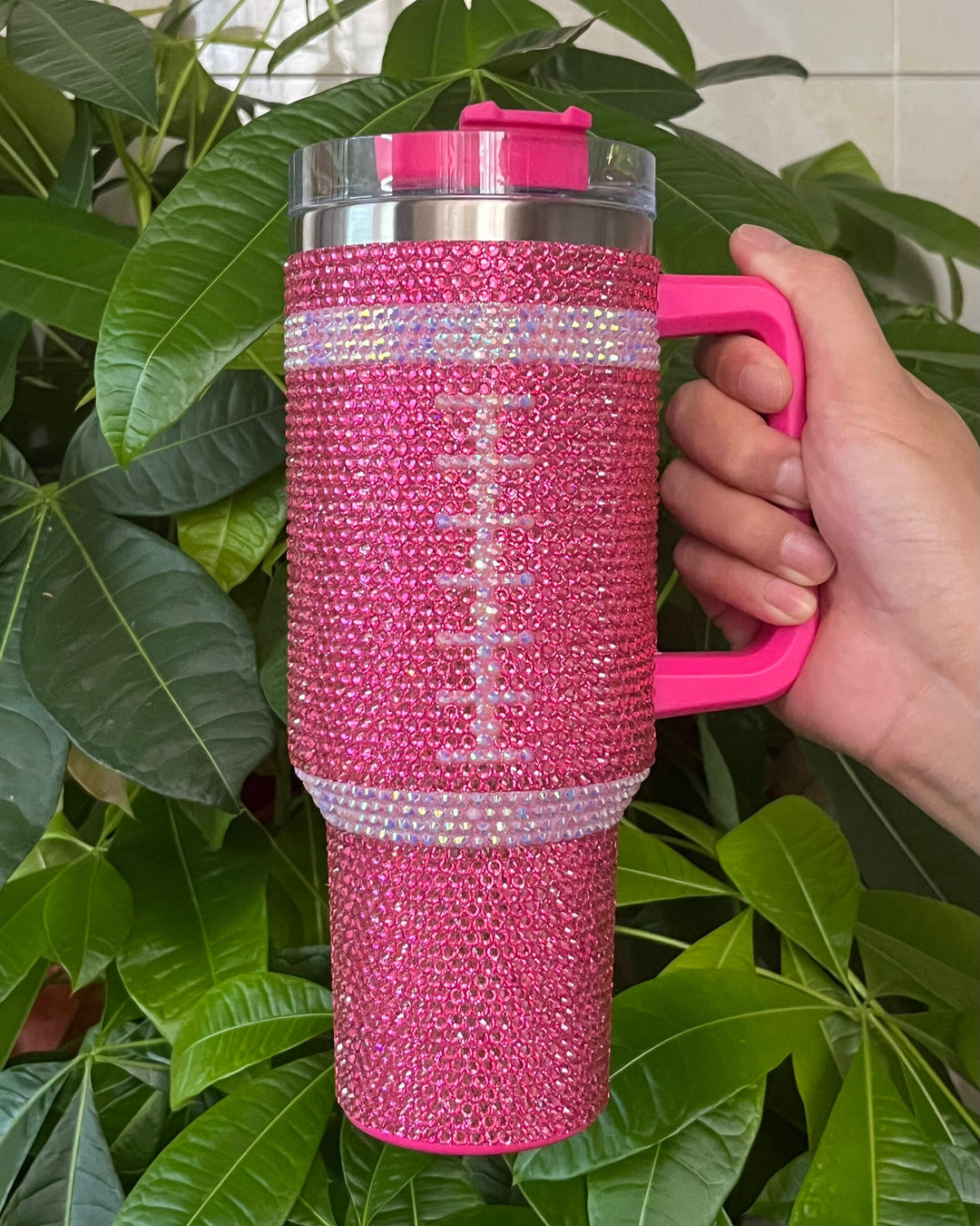 Pink Crystal Football "Blinged Out" 40 Oz. Tumbler