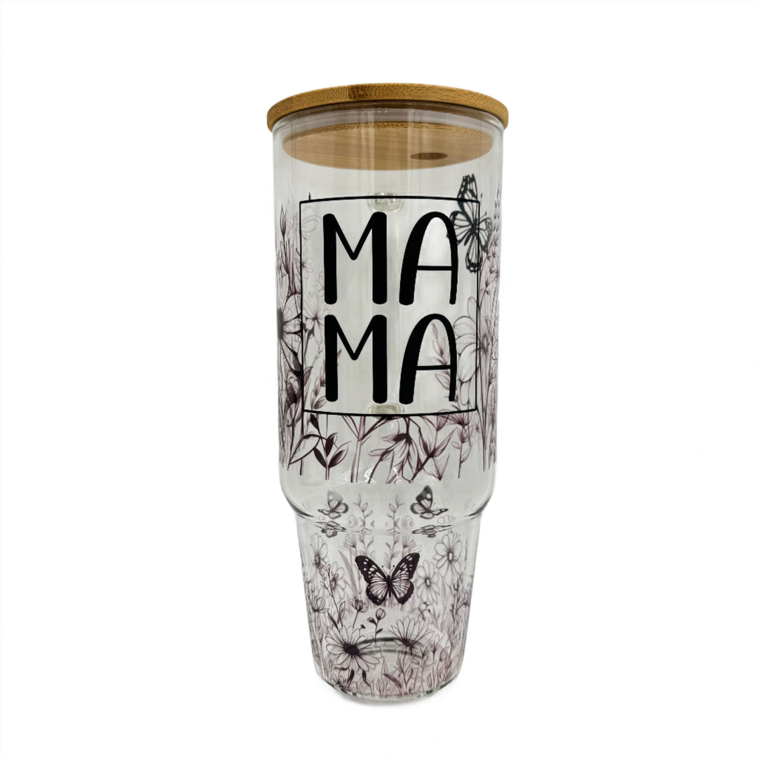 32oz or 40oz MAMA Flower custom Sublimation Printed Clear or Frost Glass Tumbler, Mug, Cup with Handle