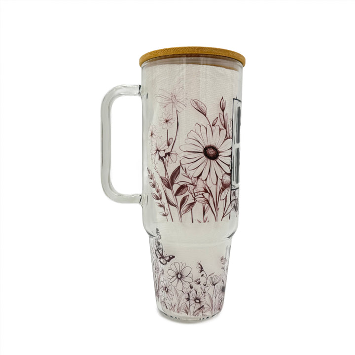 32oz or 40oz MAMA Flower custom Sublimation Printed Clear or Frost Glass Tumbler, Mug, Cup with Handle