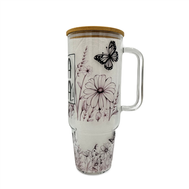 32oz or 40oz MAMA Flower custom Sublimation Printed Clear or Frost Glass Tumbler, Mug, Cup with Handle