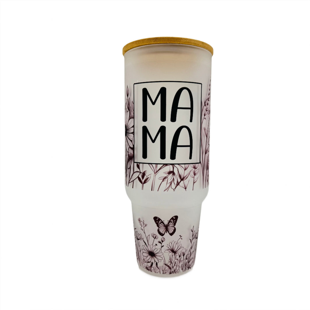 32oz or 40oz MAMA Flower custom Sublimation Printed Clear or Frost Glass Tumbler, Mug, Cup with Handle