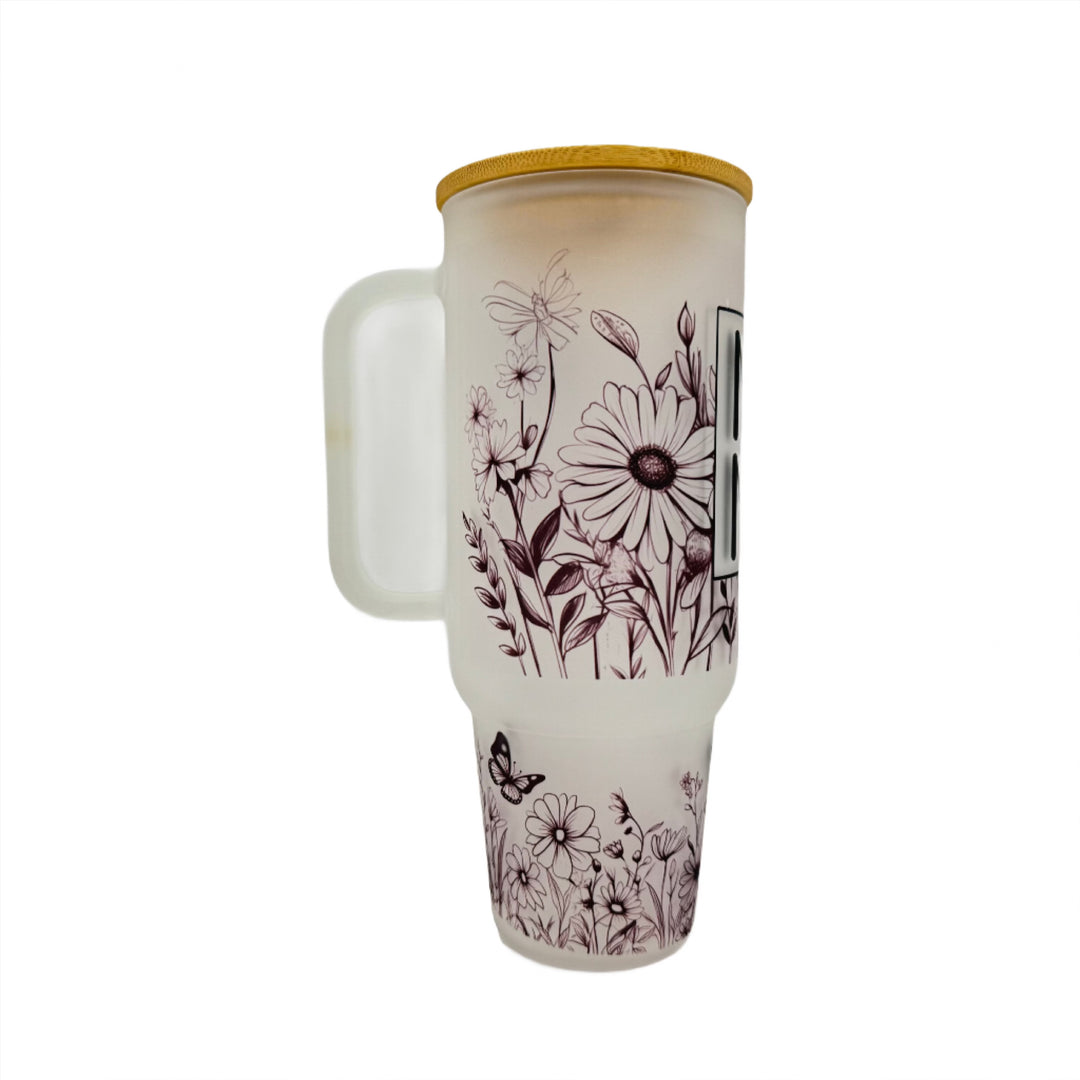 32oz or 40oz MAMA Flower custom Sublimation Printed Clear or Frost Glass Tumbler, Mug, Cup with Handle