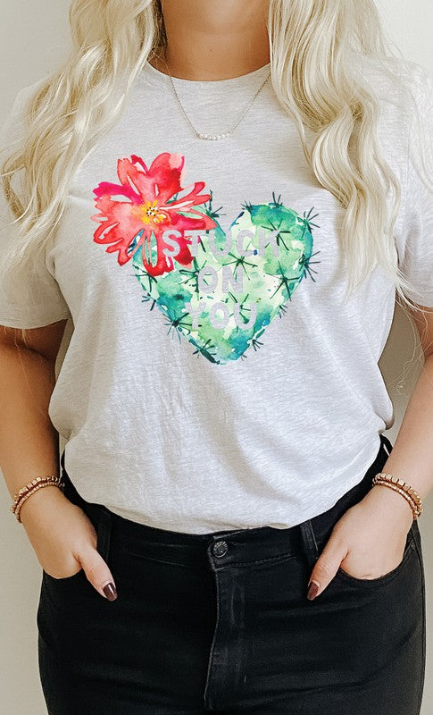 Blooming Cactus Stuck on You Valentine Graphic Tee T-Shirt