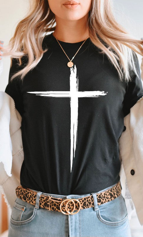 Distressed Cross White Ink Graphic Tee T-Shirt PLUS