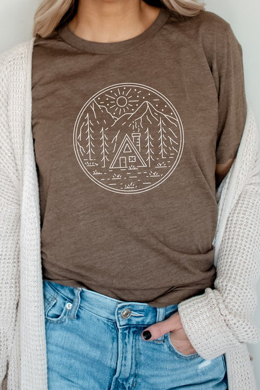 Cabin in Forest Sun Shining Vacation Graphic Tee