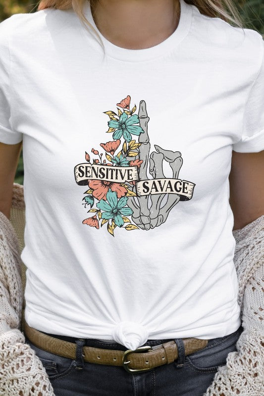 Sensitive Savage Floral Skeleton Hand Graphic Tee T-Shirt