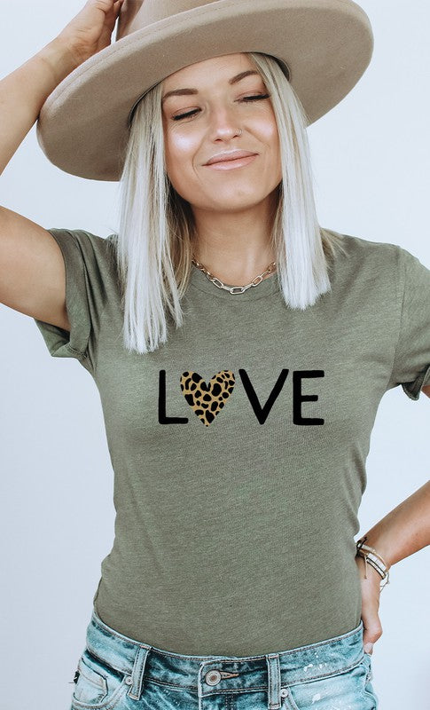 Love Leopard Print Heart Valentines Graphic Tee T-Shirt