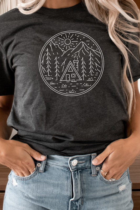 Cabin in Forest Sun Shining Vacation Graphic Tee