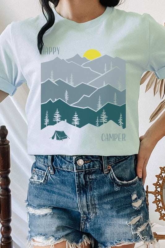 Happy Camper Forest Mountain Sun Rise Graphic Tee T-Shirt