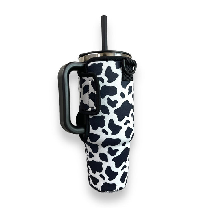 Black and White Cow 40oz Tumbler With Handle Sleeve