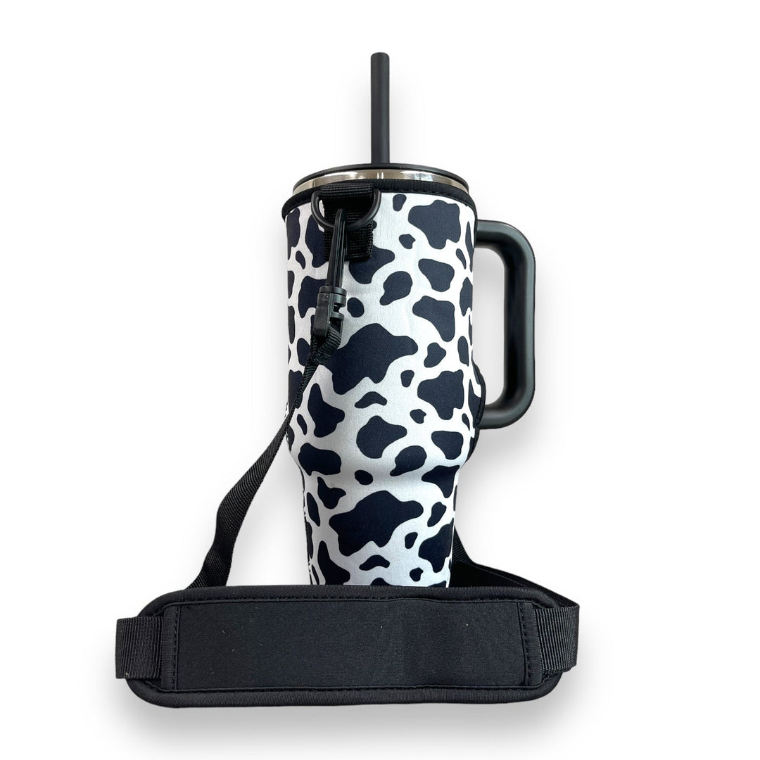 Black and White Cow 40oz Tumbler With Handle Sleeve