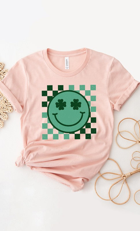 Checkered Clover Smiley St Patricks Graphic Tee T-Shirt