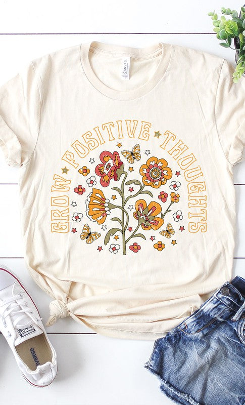 Retro Grow Positive Thoughts Floral Graphic Tee T-Shirt