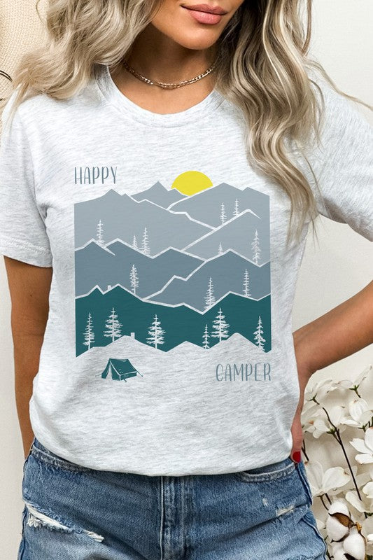 Happy Camper Forest Mountain Sun Rise Graphic Tee T-Shirt