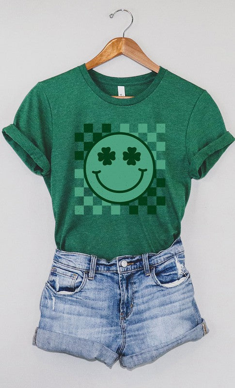 Checkered Clover Smiley St Patricks Graphic Tee T-Shirt