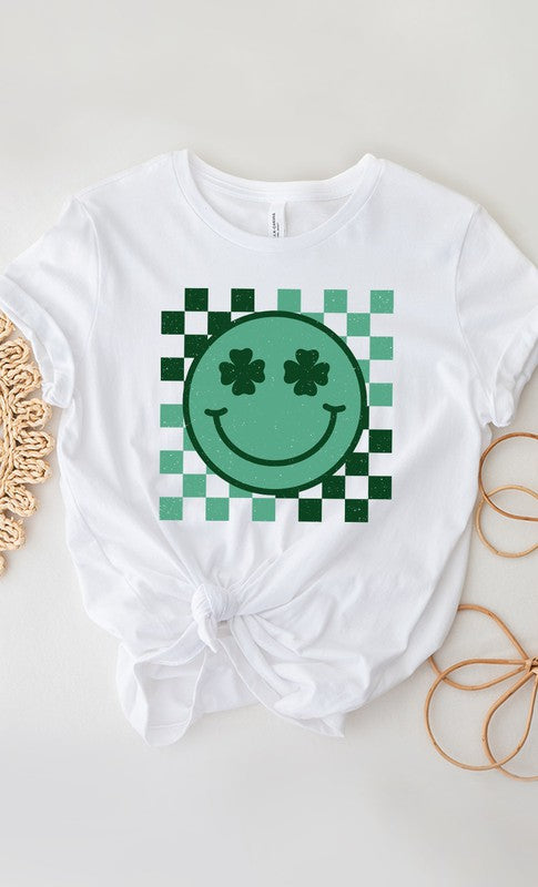 Checkered Clover Smiley St Patricks Graphic Tee T-Shirt