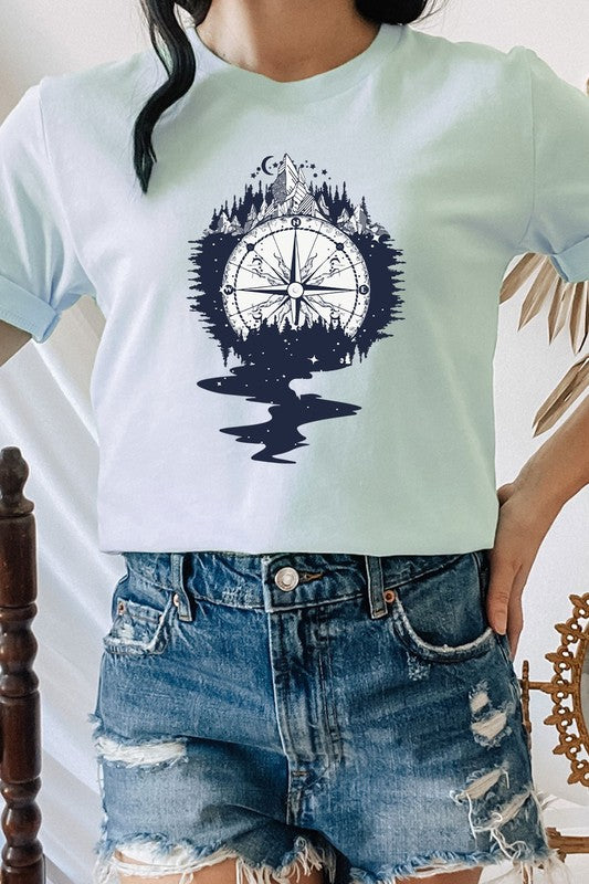 Compass Mountains Forest Night Sky Graphic Tee