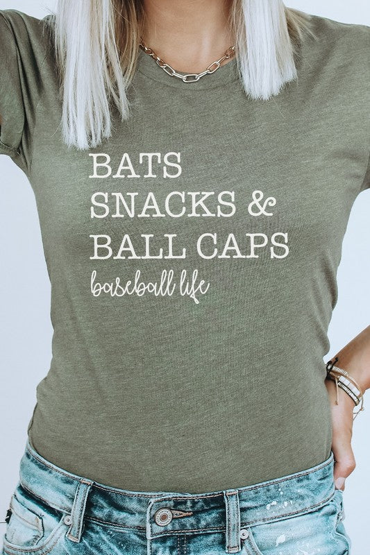 Bats Snacks and BallCaps Baseball Life Graphic Tee T-Shirt