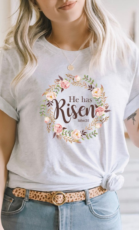 Floral He Has Risen Easter Graphic Tee T-Shirt