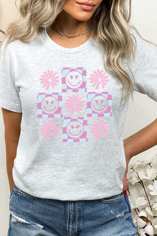 Pastel Checkered Flower Lashes Smiley Graphic Tee T-Shirt