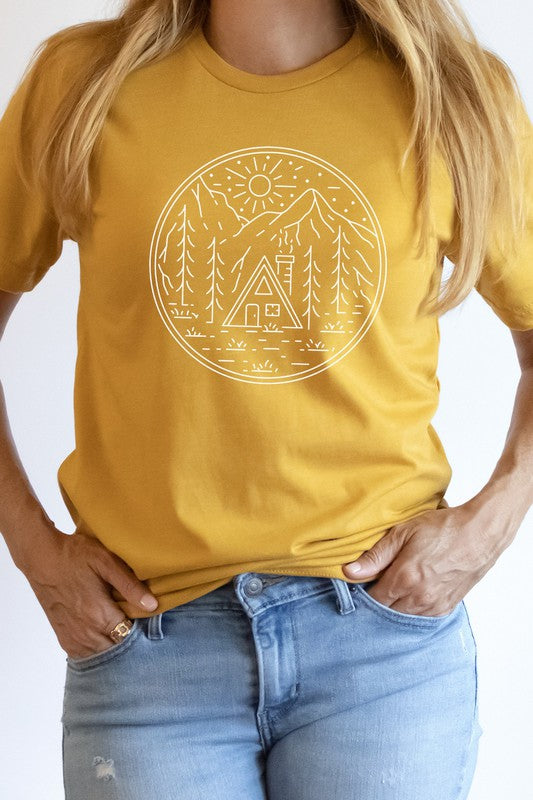 Cabin in Forest Sun Shining Vacation Graphic Tee