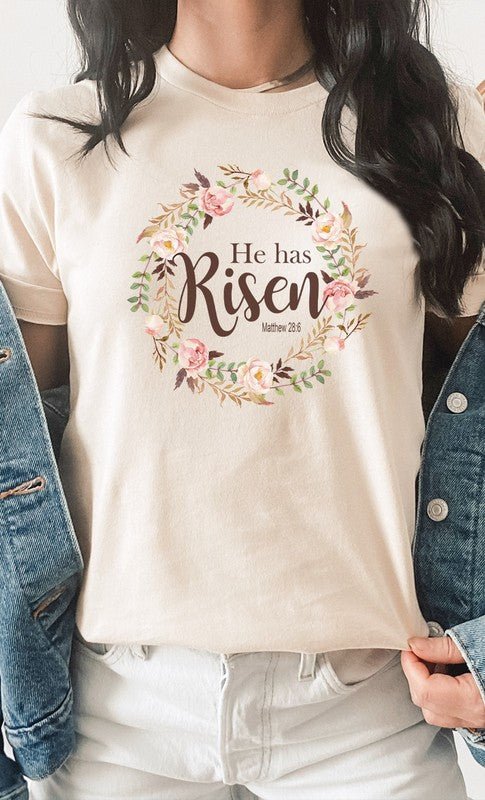 Floral He Has Risen Easter Graphic Tee T-Shirt