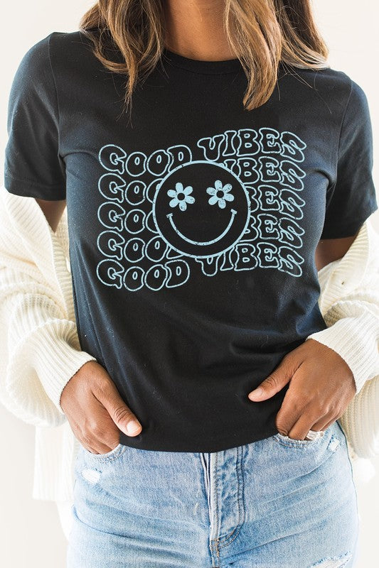 Good Vibes Flower Eyes Smiley Summer Graphic Tee T-Shirt